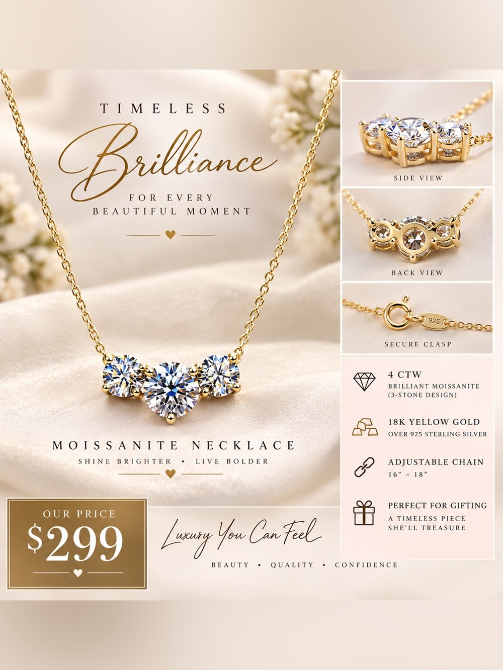 Timeless Brilliance 18K Gold Moissanite Necklace - 3-Stone 4 c.t.w